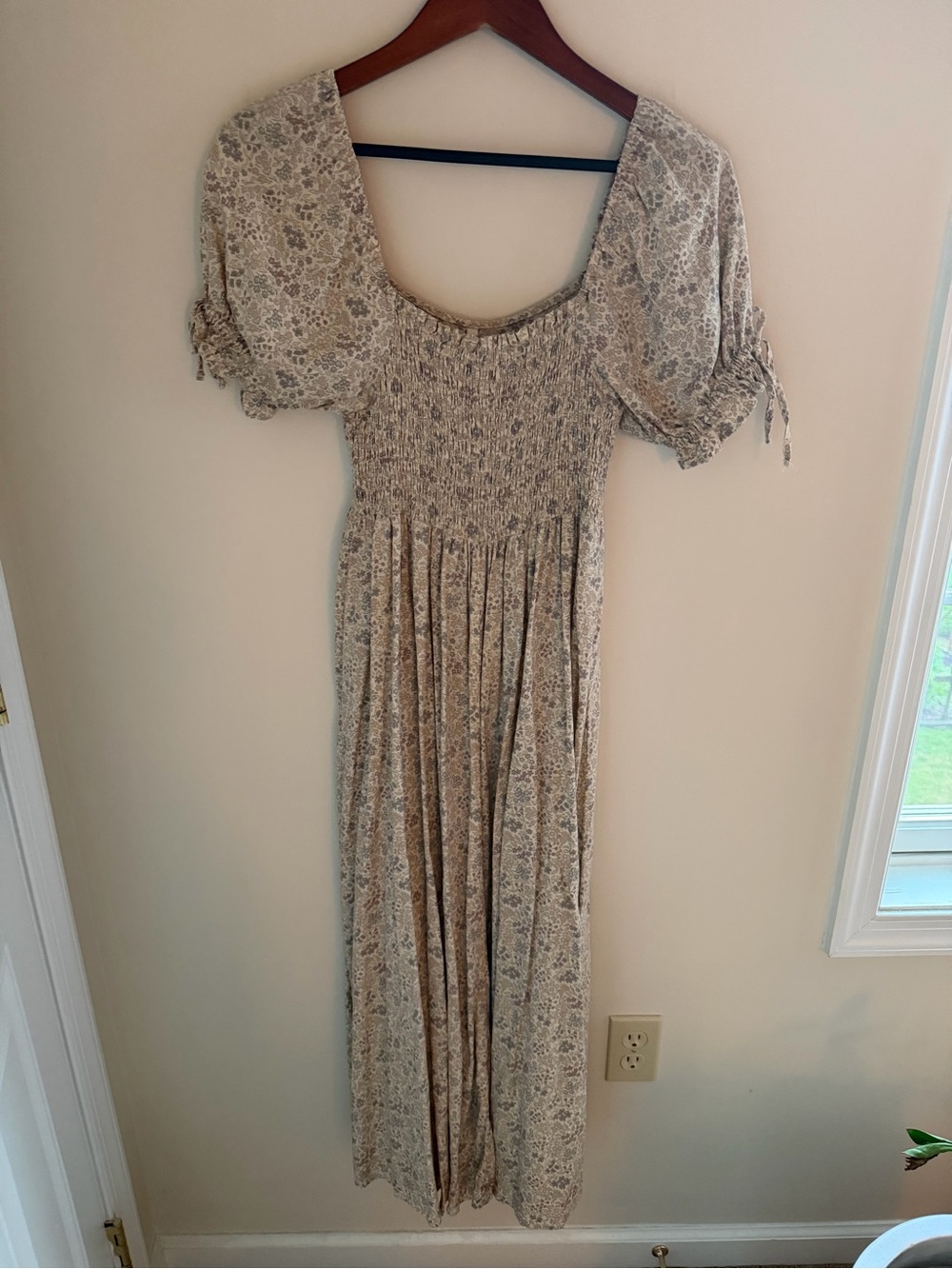 Rylee + Cru Beige Floral Smocked Maxi Dress
